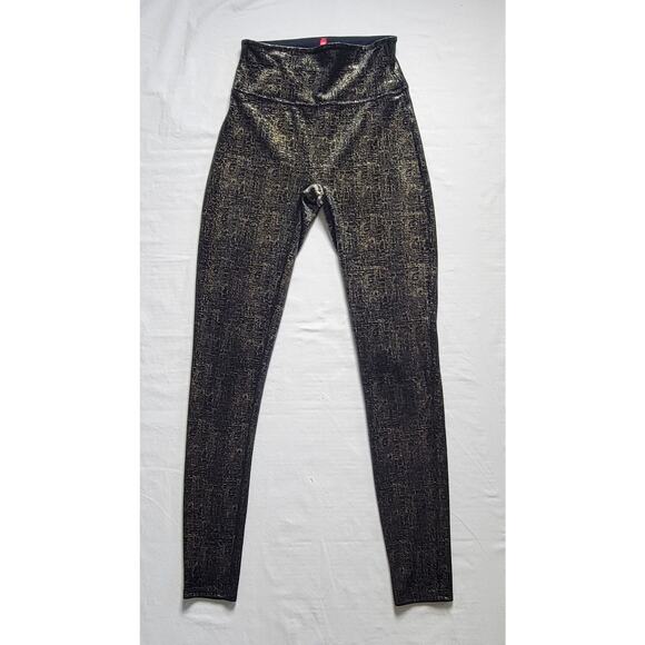 SPANX Velvet Black Gold Metallic Shine Shimmer High Rise Stretch Leggings sz S - Picture 1 of 9